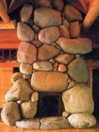 stacked stone fireplace